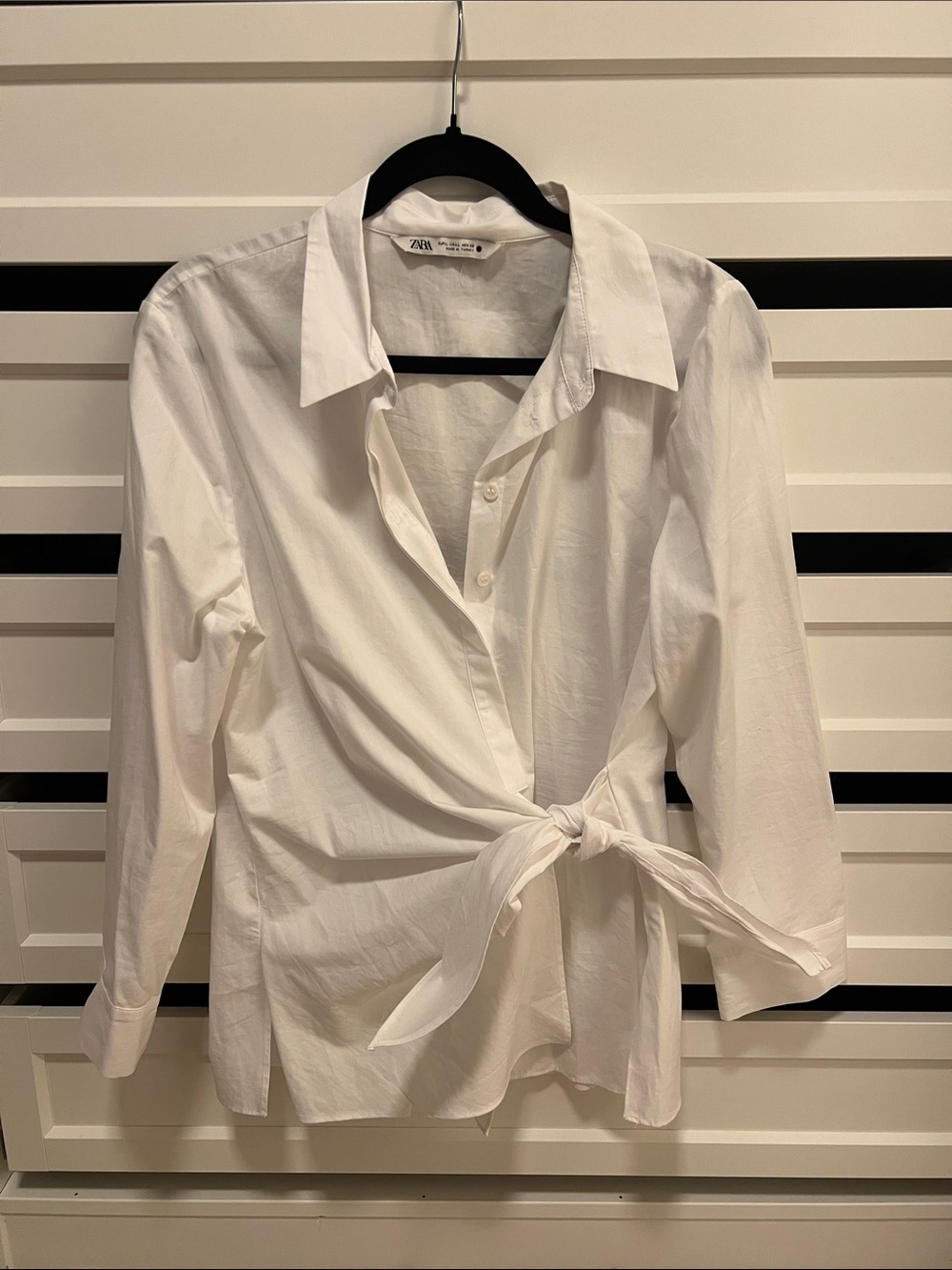Zara White Tie-Waist Button-Down Shirt